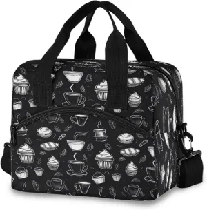Black Cake Bread Coffee Pattern Lunch Box for Men Women Adults Insulated Lunch Bag Cooler Bag with Adjustable Shoulder Strap for Work Picnic Travel