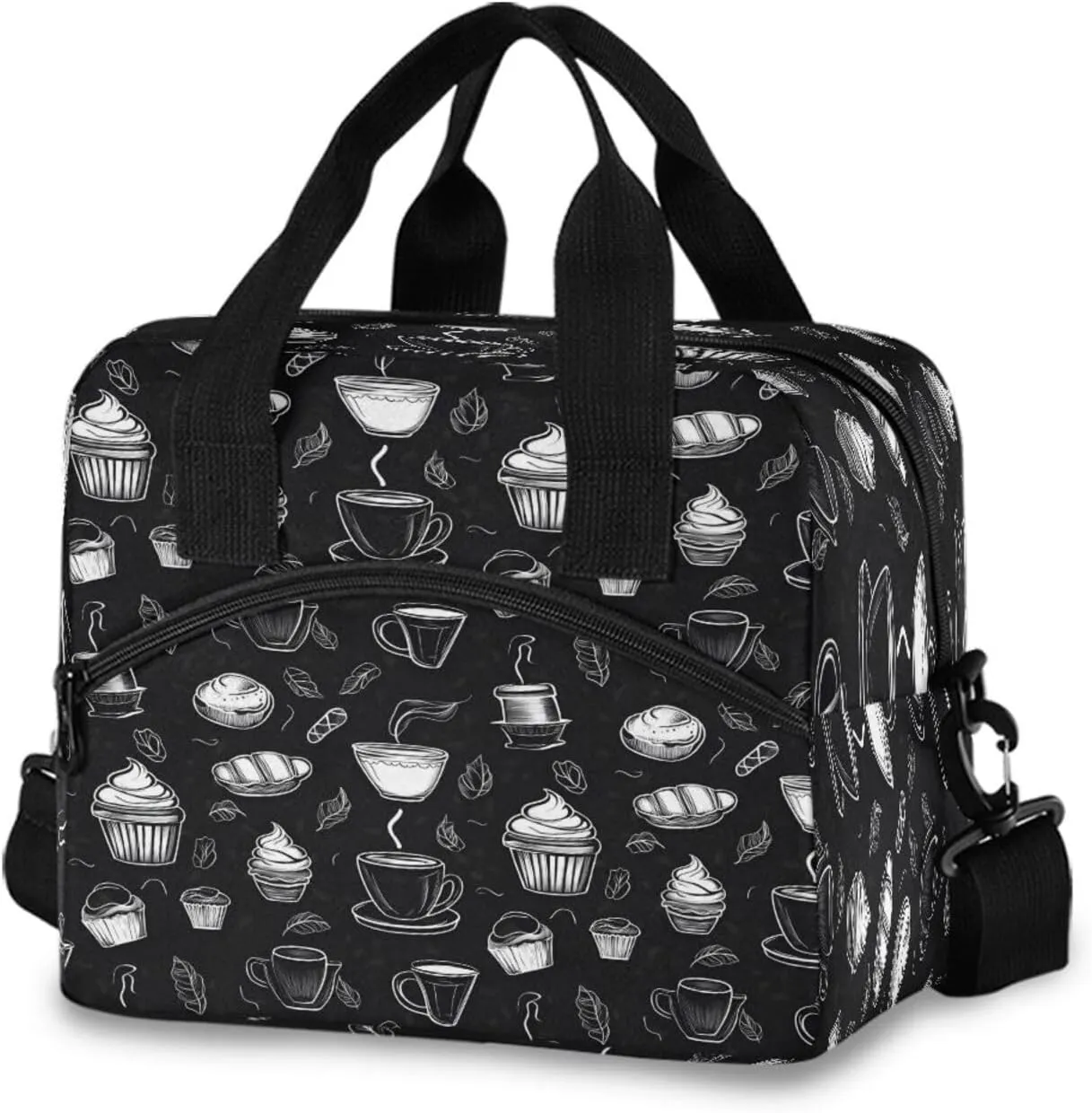 Black Cake Bread Coffee Pattern Lunch Box for Men Women Adults Insulated Lunch Bag Cooler Bag with Adjustable Shoulder Strap for Work Picnic Travel