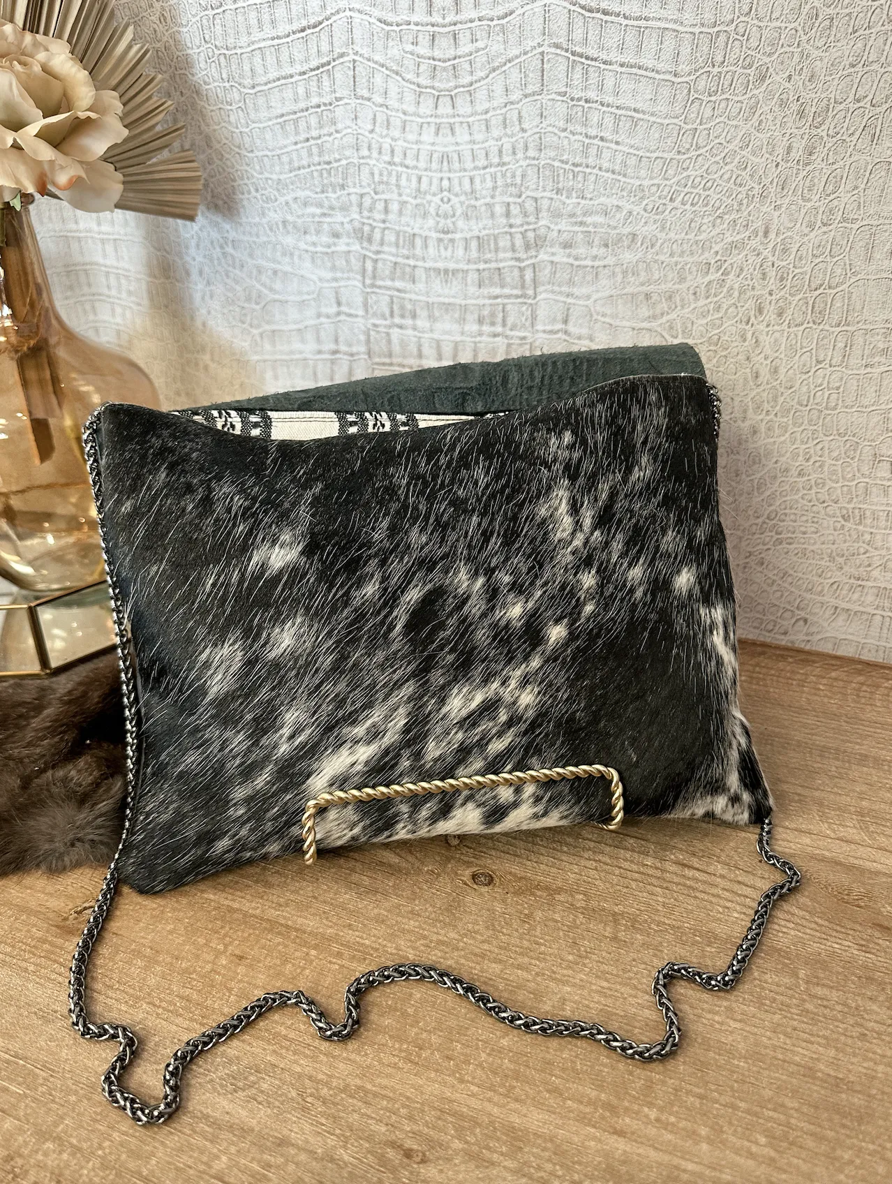 Black Croc with Black/White Spec Hide Clutch/Crossbody