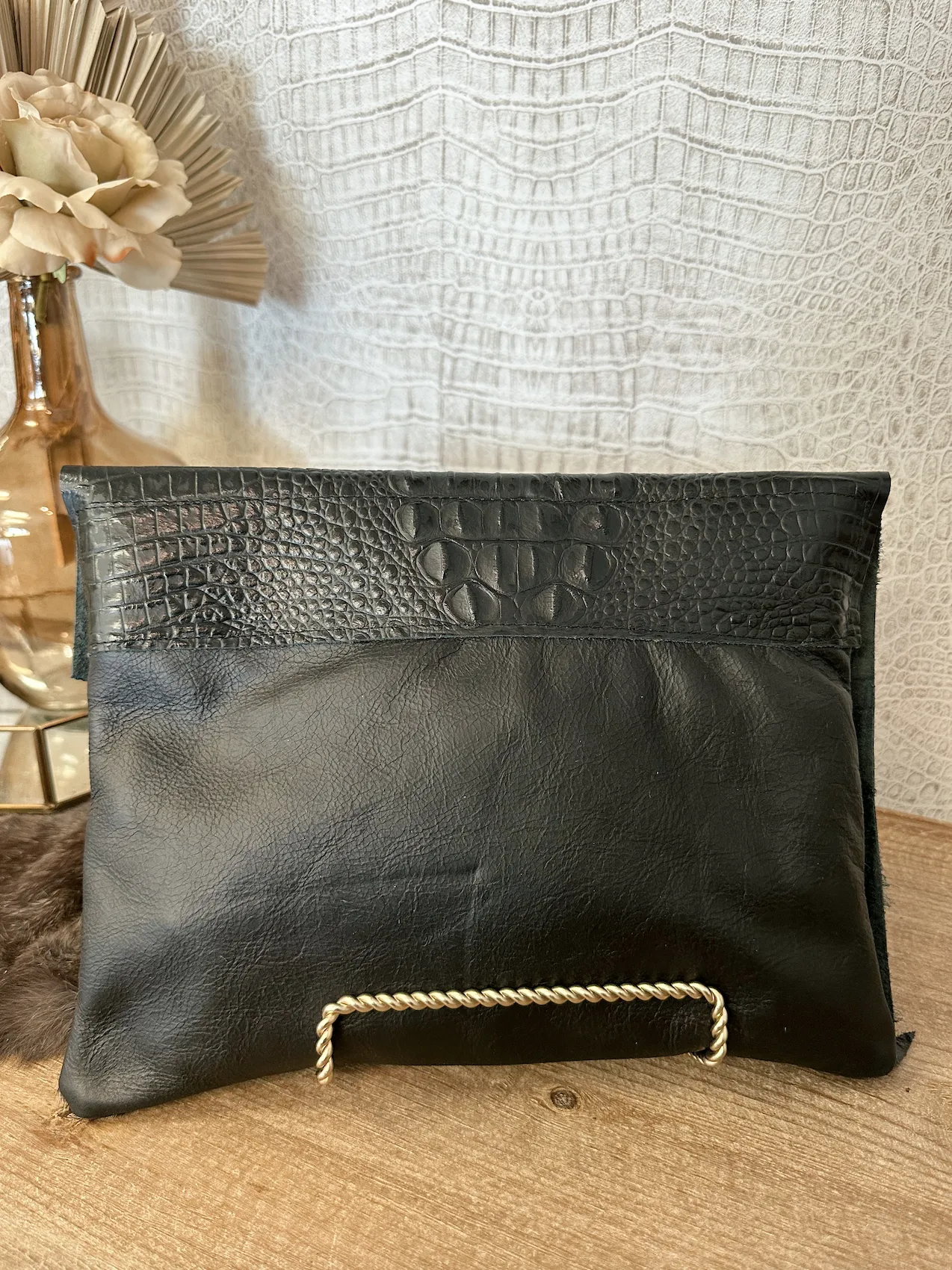 Black Croc with Black/White Spec Hide Clutch/Crossbody