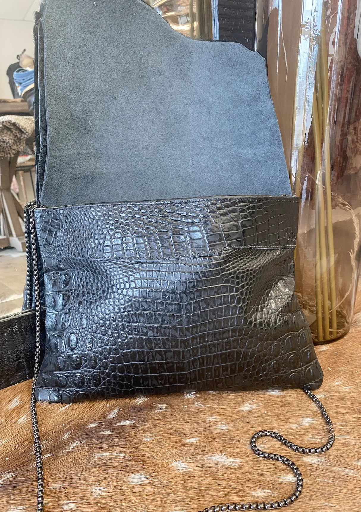 Black Double Flap Gator Clutch/Crossbody