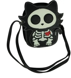 Black Glow in the Dark Skeleton Cat Crossbody Purse Small