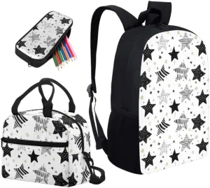 Black White Stars School Bag Backpack for Students Hand Drawn Stars with Insulated Lunch Bag Pen Case Polka Dot Geometric Star School Bookbag for Teen Boys Girls