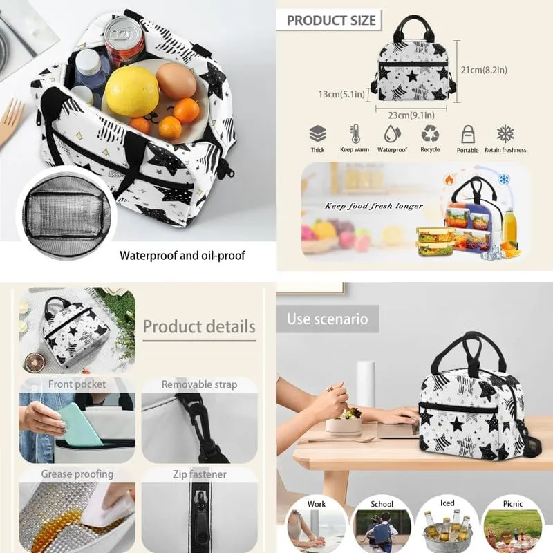 Black White Stars School Bag Backpack for Students Hand Drawn Stars with Insulated Lunch Bag Pen Case Polka Dot Geometric Star School Bookbag for Teen Boys Girls