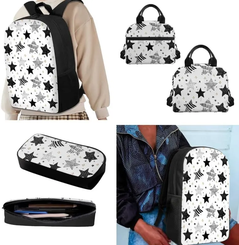 Black White Stars School Bag Backpack for Students Hand Drawn Stars with Insulated Lunch Bag Pen Case Polka Dot Geometric Star School Bookbag for Teen Boys Girls