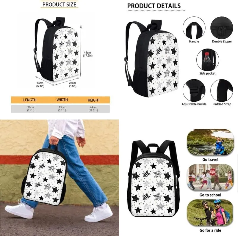 Black White Stars School Bag Backpack for Students Hand Drawn Stars with Insulated Lunch Bag Pen Case Polka Dot Geometric Star School Bookbag for Teen Boys Girls