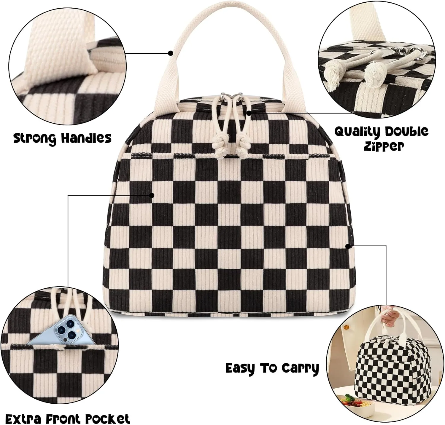 Bluboon Lunch Bag for Women Men Cute Corduroy Lunch Tote Bags Reusable Insulated Lunch Box Large Capacity Reusable Insulated Cooler for Work Picnic or Travel