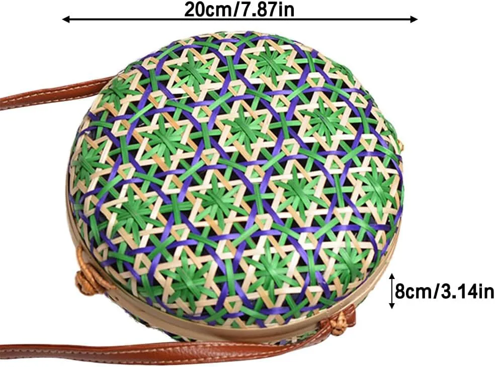 Blue Round Rattan Bag Wood Woven Straw Bag with PU Strap Handwoven for Women Girl Travel Beach Fashion Bohemian Shoulder Purse