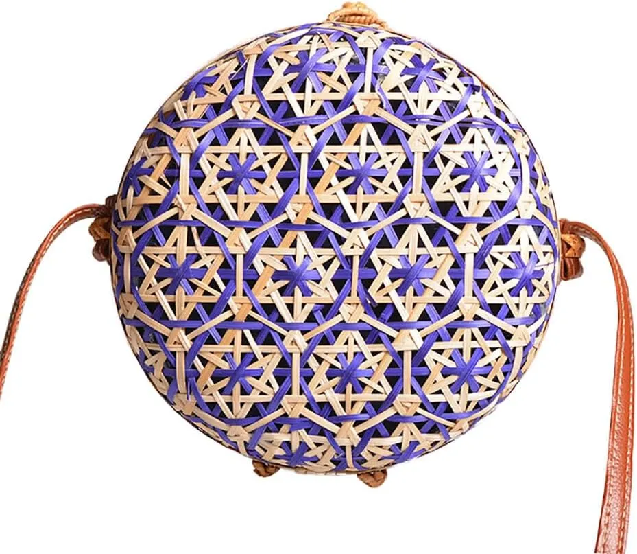 Blue Round Rattan Bag Wood Woven Straw Bag with PU Strap Handwoven for Women Girl Travel Beach Fashion Bohemian Shoulder Purse