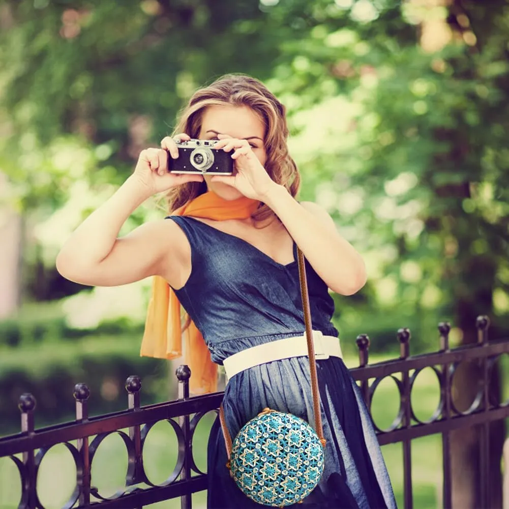 Blue Round Rattan Bag Wood Woven Straw Bag with PU Strap Handwoven for Women Girl Travel Beach Fashion Bohemian Shoulder Purse