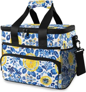 Bohemian Lemon Blue Aztec Leaves Cooler Bag Insulated Cooler Soft Sided Cooler 24 Can Portable Picnic Bag Large Leakproof Lunch Bag Box for Beach Grocery Camping Travel Car Men Women