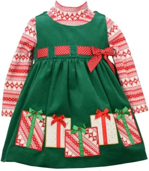 Bonnie Jean Holiday Christmas Dress - Green Corduroy Jumper Dress for Baby, Toddler and Little Girls