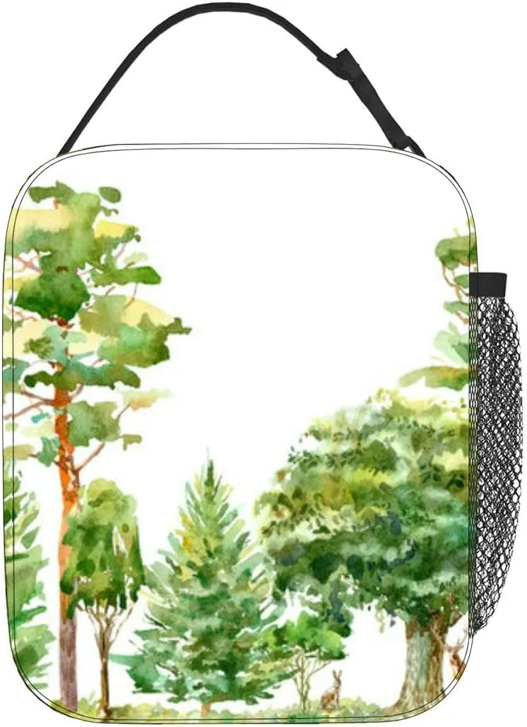 border a fox hare deer oak birch pine spruce Forest animals Deciduous Insulated Iunch Bag for Men Woman Large Portable Waterproof Reusable Thermal Lunch Box with Pockets for Work Travel Picnic
