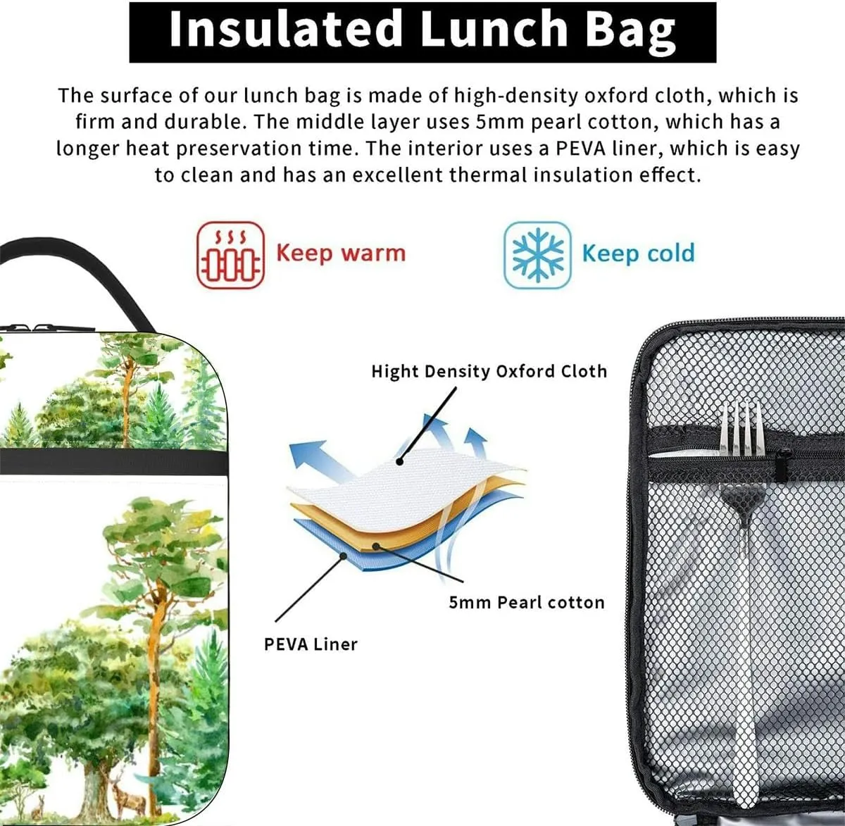 border a fox hare deer oak birch pine spruce Forest animals Deciduous Insulated Iunch Bag for Men Woman Large Portable Waterproof Reusable Thermal Lunch Box with Pockets for Work Travel Picnic