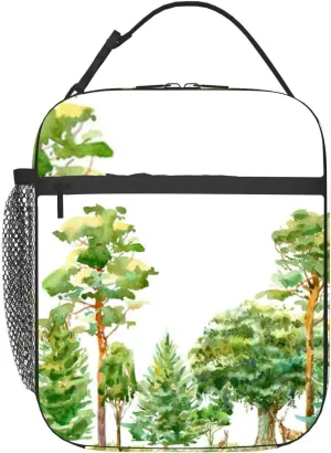 border a fox hare deer oak birch pine spruce Forest animals Deciduous Insulated Iunch Bag for Men Woman Large Portable Waterproof Reusable Thermal Lunch Box with Pockets for Work Travel Picnic