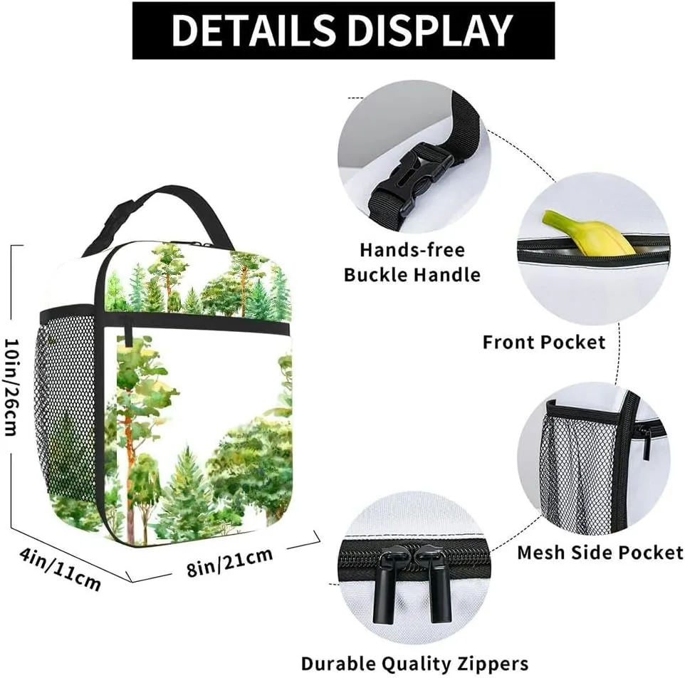 border a fox hare deer oak birch pine spruce Forest animals Deciduous Insulated Iunch Bag for Men Woman Large Portable Waterproof Reusable Thermal Lunch Box with Pockets for Work Travel Picnic