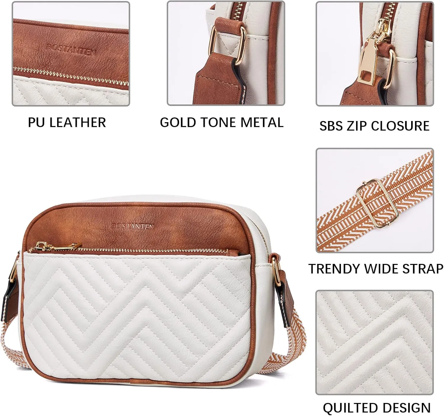 BOSTANTEN Quilted Crossbody Bags for Women Vegan Leather Purses Small Shoulder Handbags with Wide Strap