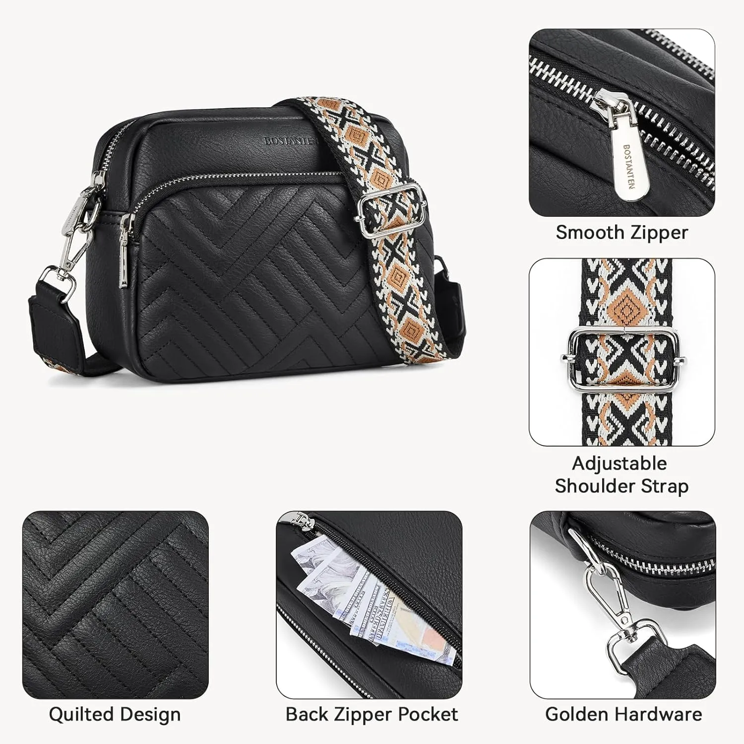 BOSTANTEN Quilted Crossbody Bags for Women Vegan Leather Purses Small Shoulder Handbags with Wide Strap