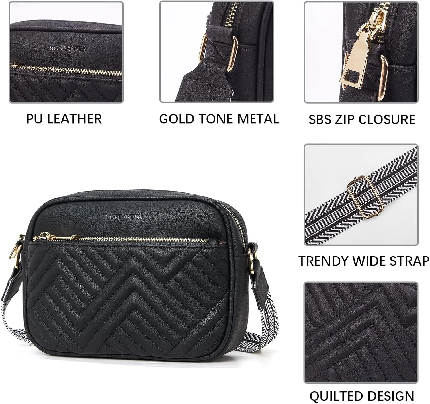 BOSTANTEN Quilted Crossbody Bags for Women Vegan Leather Purses Small Shoulder Handbags with Wide Strap