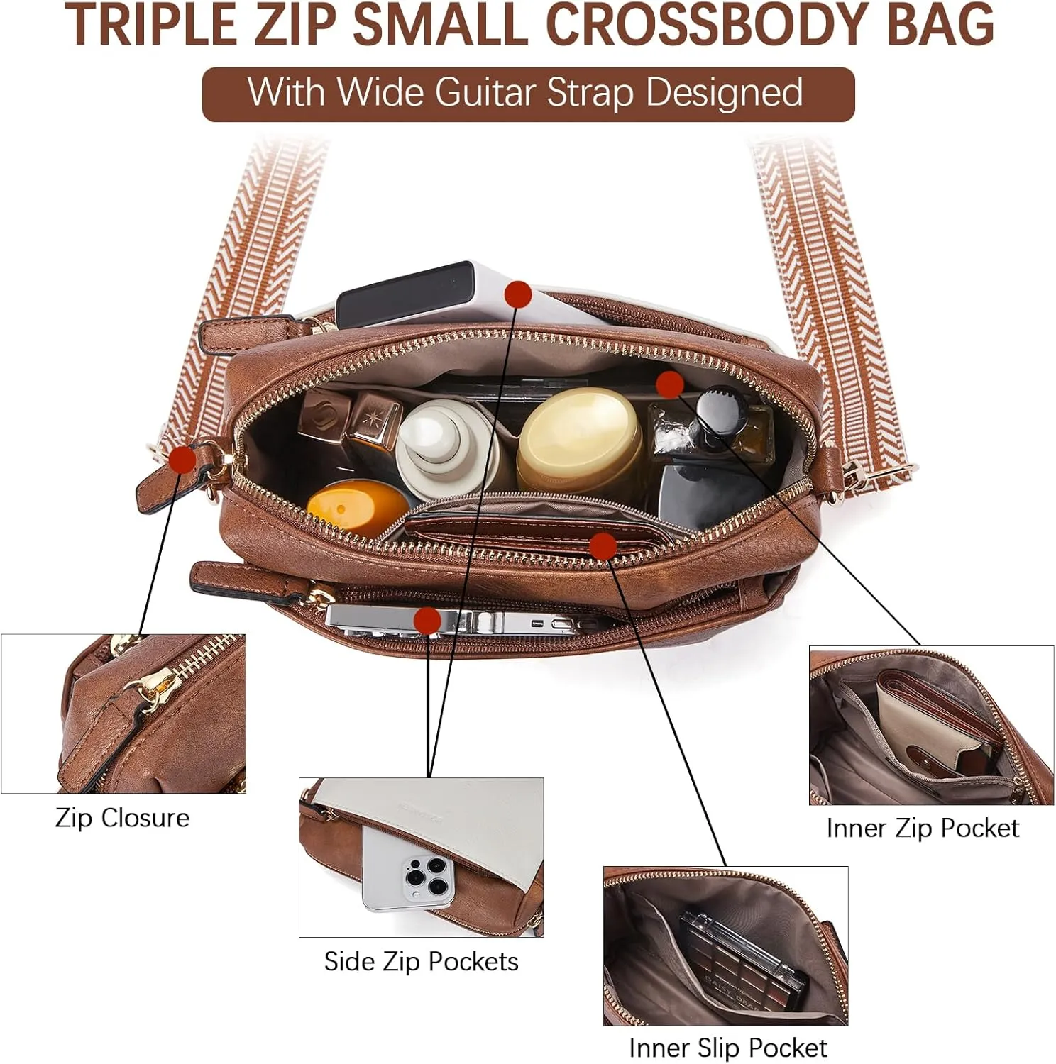 BOSTANTEN Small Crossbody Purse for Women Triple Zip Cell Phone Leather Handbag with Colored Shoulder Strap