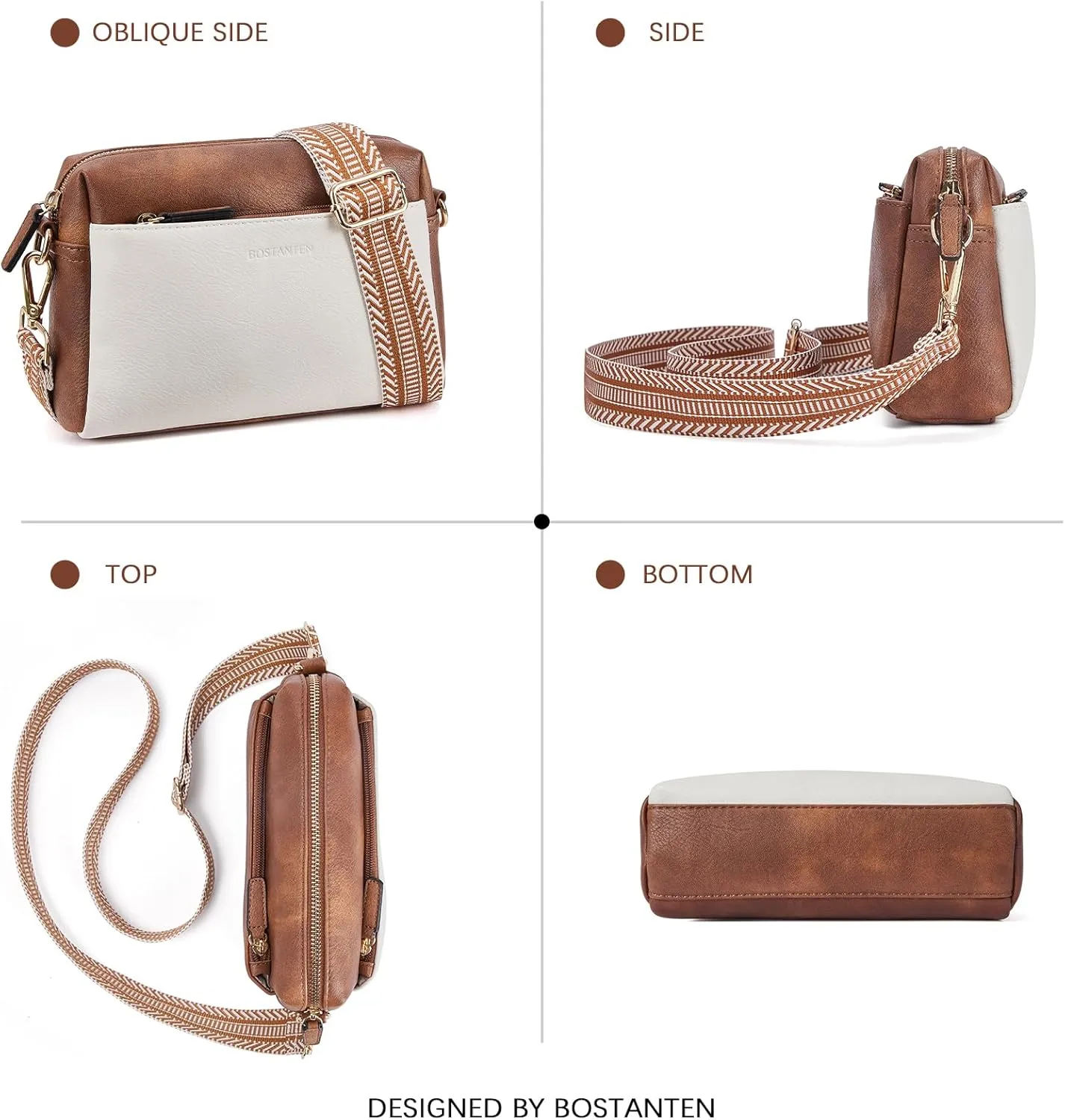 BOSTANTEN Small Crossbody Purse for Women Triple Zip Cell Phone Leather Handbag with Colored Shoulder Strap