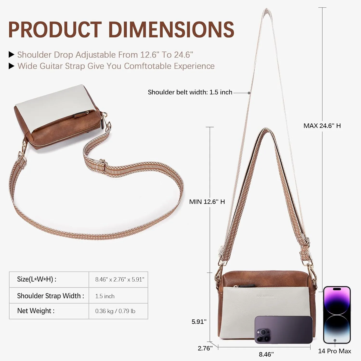 BOSTANTEN Small Crossbody Purse for Women Triple Zip Cell Phone Leather Handbag with Colored Shoulder Strap