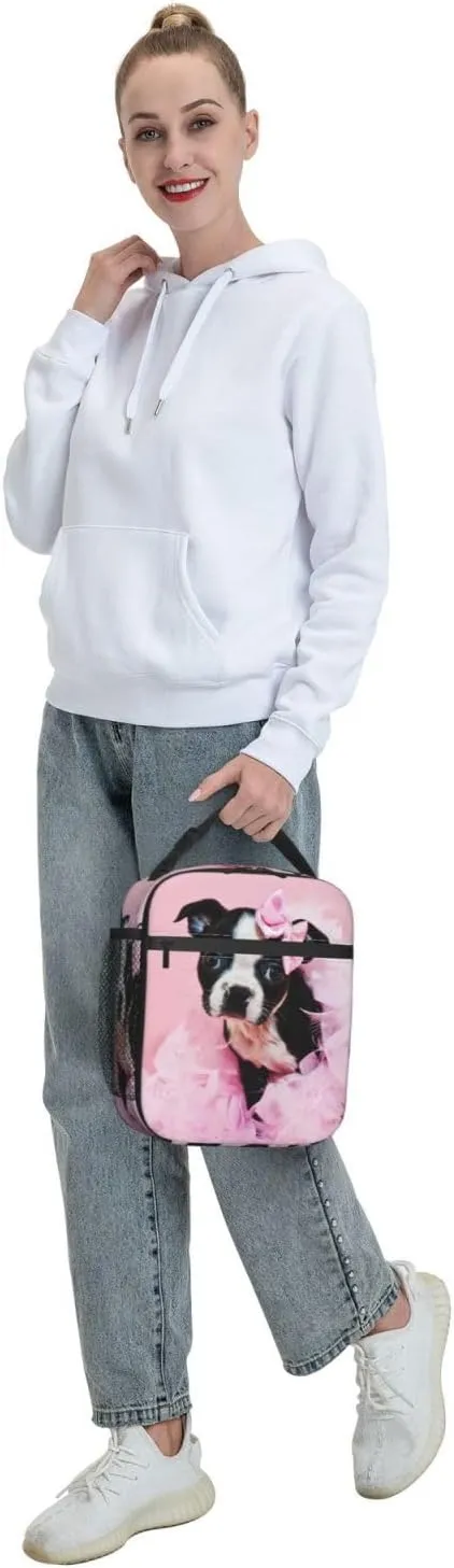 Boston Terrier Puppy Reusable Lunch Box Insulation Lunch Bag Containers Tote Handbag Ice Packs For Women Men Teens Girls
