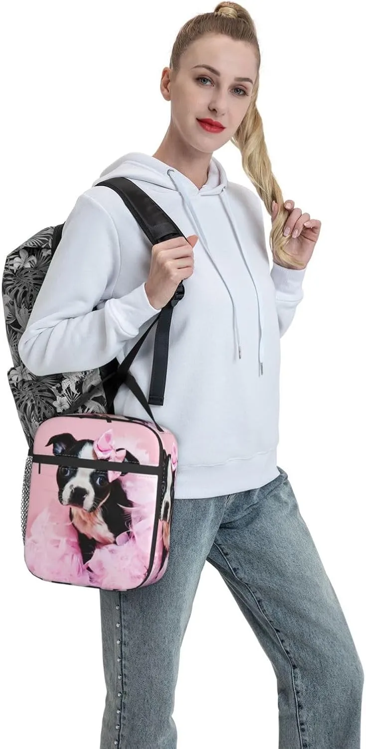 Boston Terrier Puppy Reusable Lunch Box Insulation Lunch Bag Containers Tote Handbag Ice Packs For Women Men Teens Girls