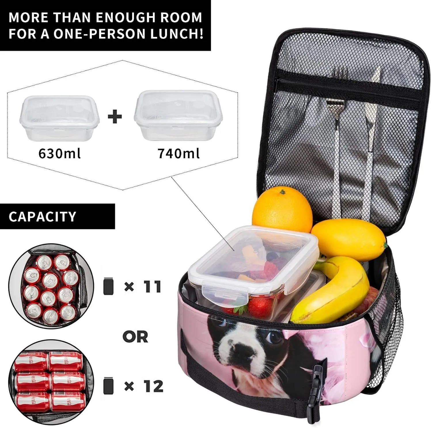 Boston Terrier Puppy Reusable Lunch Box Insulation Lunch Bag Containers Tote Handbag Ice Packs For Women Men Teens Girls