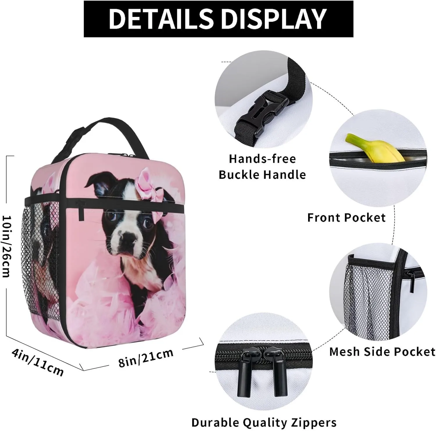 Boston Terrier Puppy Reusable Lunch Box Insulation Lunch Bag Containers Tote Handbag Ice Packs For Women Men Teens Girls