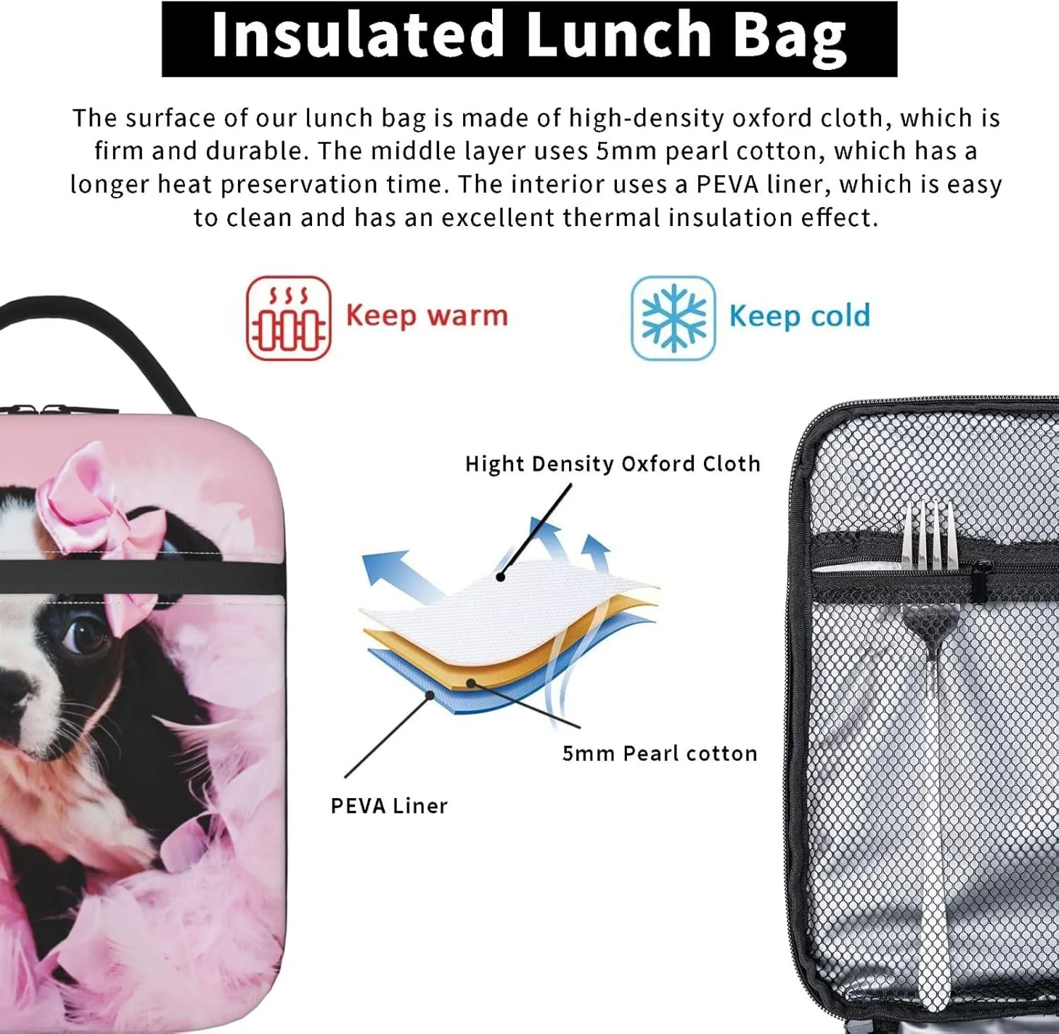 Boston Terrier Puppy Reusable Lunch Box Insulation Lunch Bag Containers Tote Handbag Ice Packs For Women Men Teens Girls