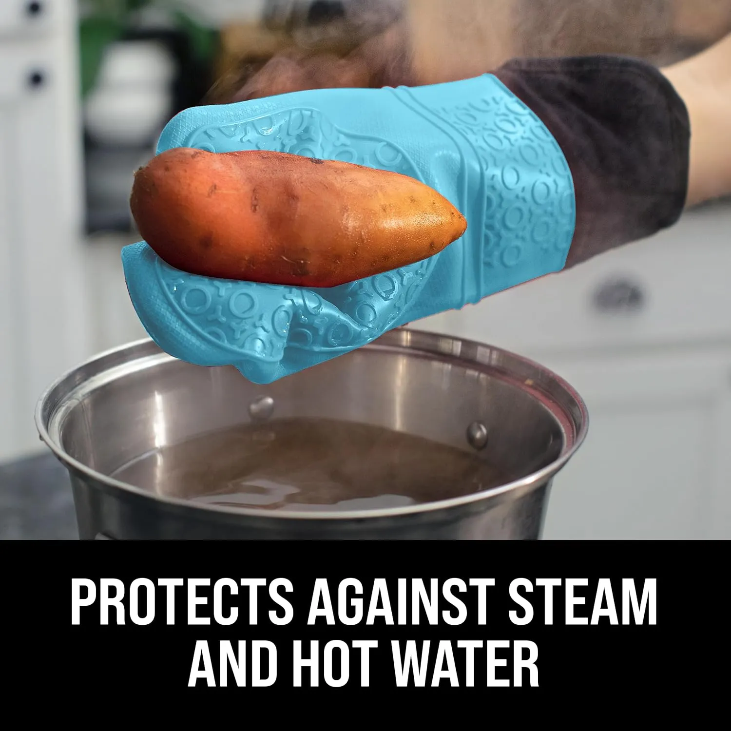 BPA-Free Soft Silicone Oven Mitts - Ultra Heat Resistant Oven Mitts with Thick Cotton Liner - Extra Long Slip Resistant Pot Holders, Flexible Oven Gloves - Aqua/Black 14.7"