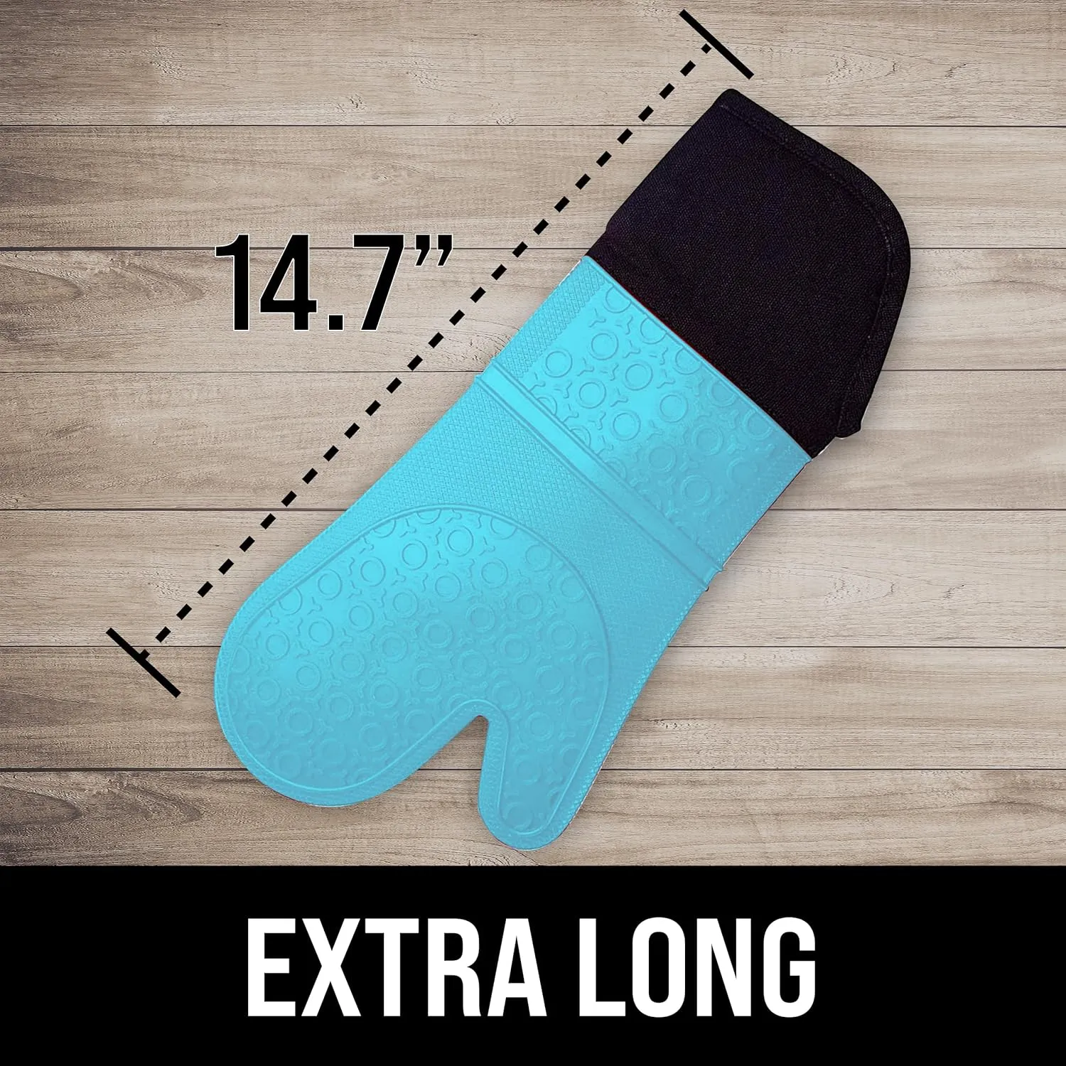 BPA-Free Soft Silicone Oven Mitts - Ultra Heat Resistant Oven Mitts with Thick Cotton Liner - Extra Long Slip Resistant Pot Holders, Flexible Oven Gloves - Aqua/Black 14.7"
