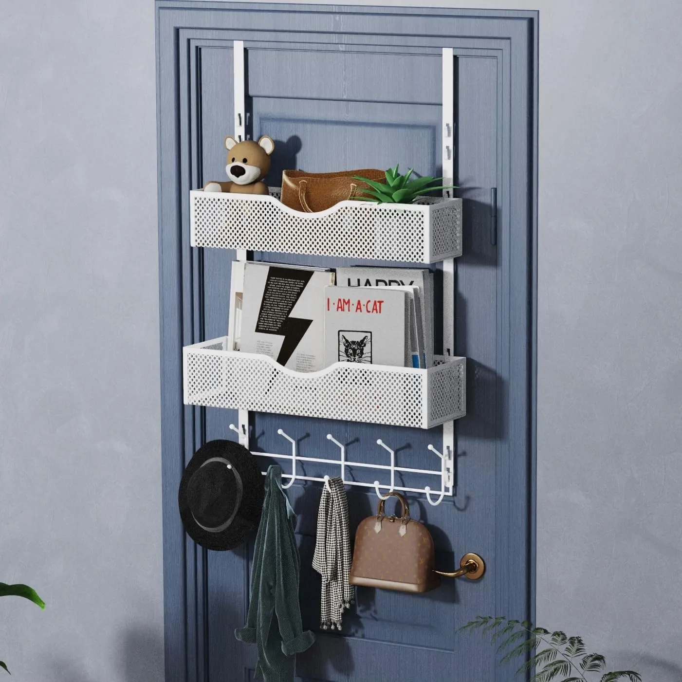 BRENNHOLZ Over The Door Organizer,Over Door Hangers Hooks with 10 Coat Hooks & 2 Mesh Basket Hanging Storage for Bathroom,Bedroom,Kitchen,Office,Student Dormitory(White)