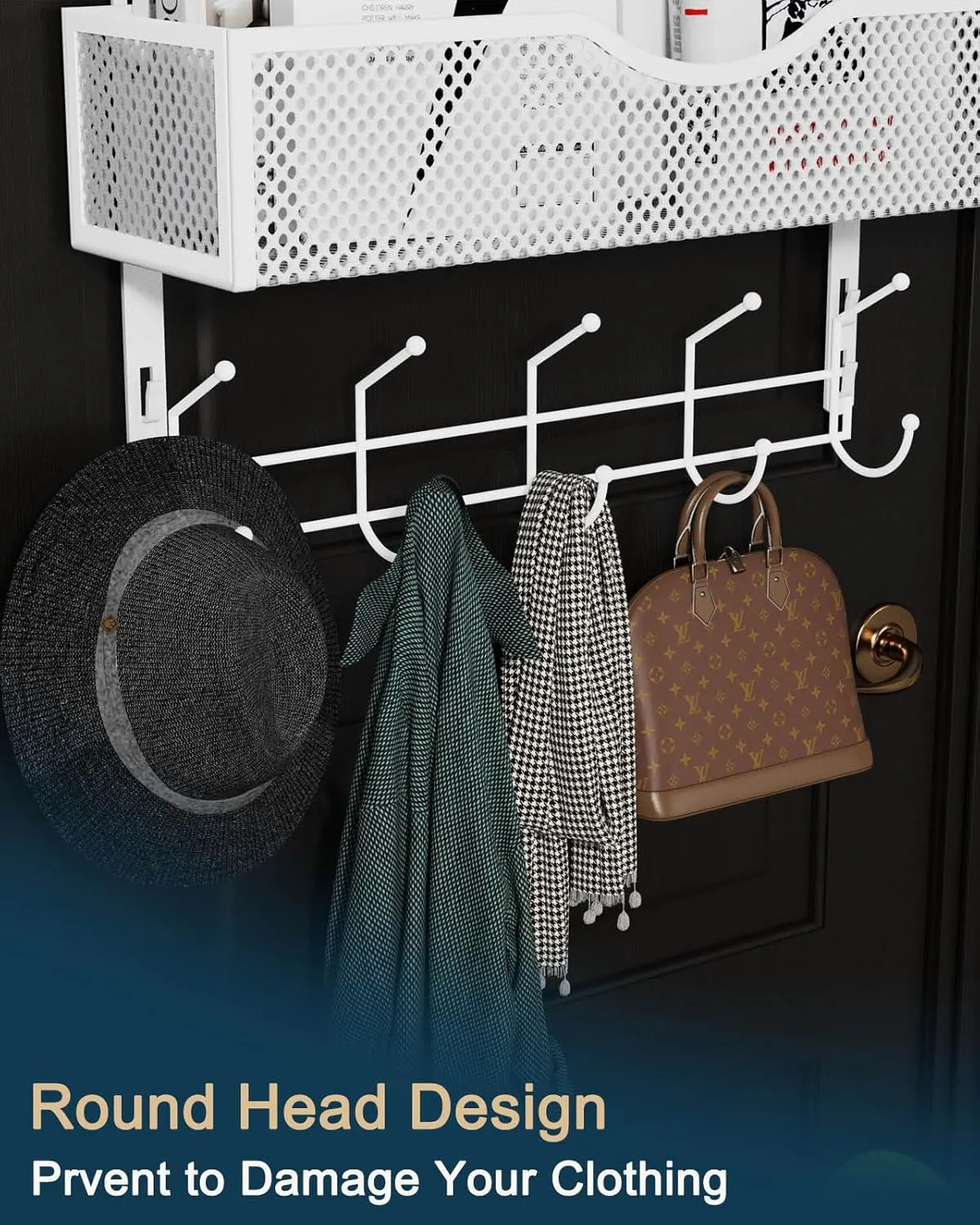 BRENNHOLZ Over The Door Organizer,Over Door Hangers Hooks with 10 Coat Hooks & 2 Mesh Basket Hanging Storage for Bathroom,Bedroom,Kitchen,Office,Student Dormitory(White)