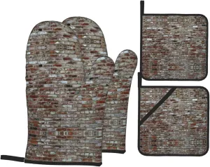 Brick Red Stone Print Convenient Oven Mitts Pot Holders Set Duty Heat Resistant Gloves with Quilted Liner