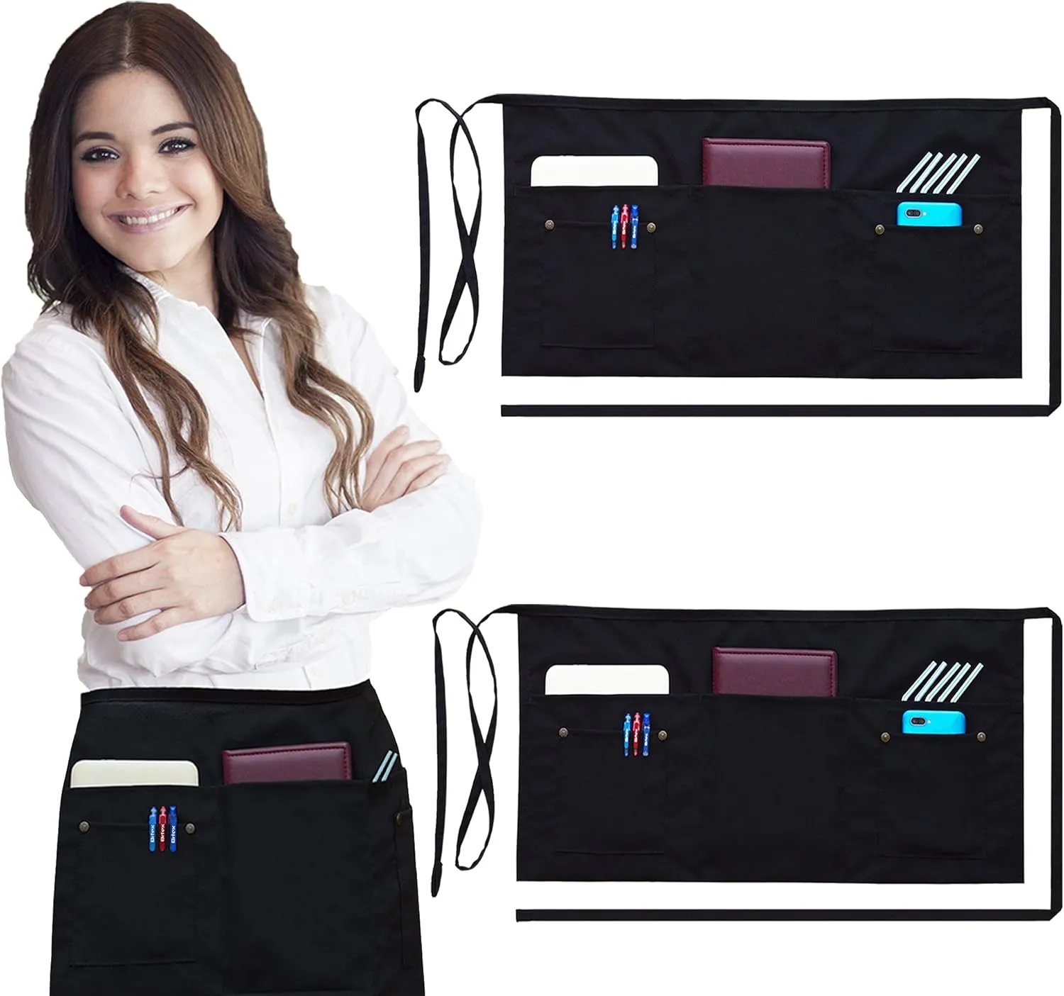 Brtex Server Aprons with 5 Pockets (2 Pack) – Commercial Grade Black Waist Aprons for Women Men – Restaurants Cafes Bars Home & Kitchen Apron 24x12 Fits Every Waist