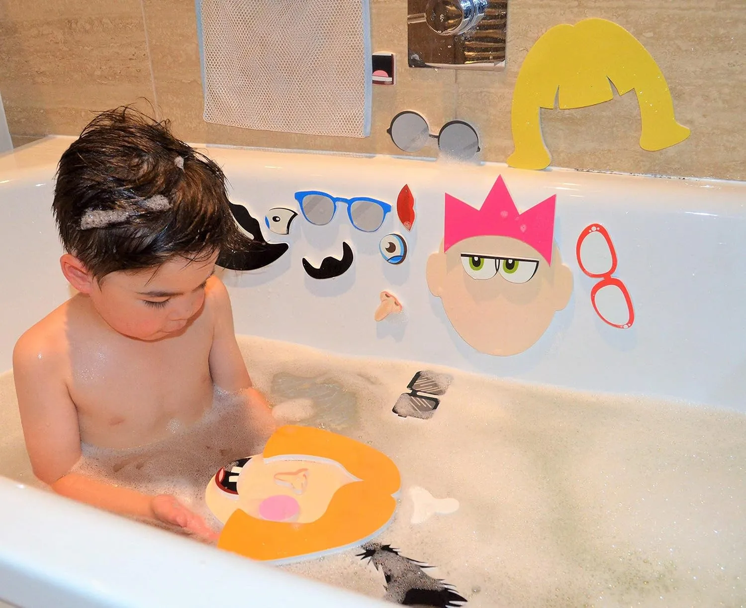 Buddy & Barney: Silly Faces Bath Time Stickers - 36 Reusable Foam Stickers & Mesh Storage Bag, Mix & Match, Fun Tub & Water Toy, Toddlers & Kids Age 3 
