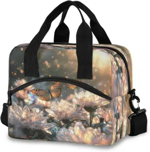 Butterflies Flying Crystal Flowers Lunch Box for Men Women Adults Insulated Lunch Bag Cooler Bag with Adjustable Shoulder Strap for Work Picnic Travel