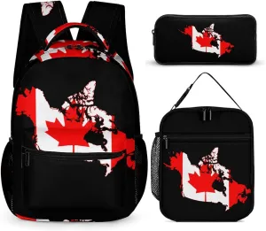 Canada Flag Map Backpack Set 3 Pieces Laptop Daypack Insulated Lunch Tote Bag Pencil Case for Work Travel
