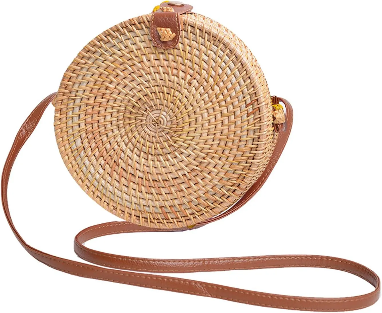Candy Colors Handwoven Round Rattan Shoulders Handbags Natural Chic Hand Tropical Beach Style with Leather Strap
