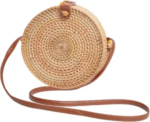 Candy Colors Handwoven Round Rattan Shoulders Handbags Natural Chic Hand Tropical Beach Style with Leather Strap