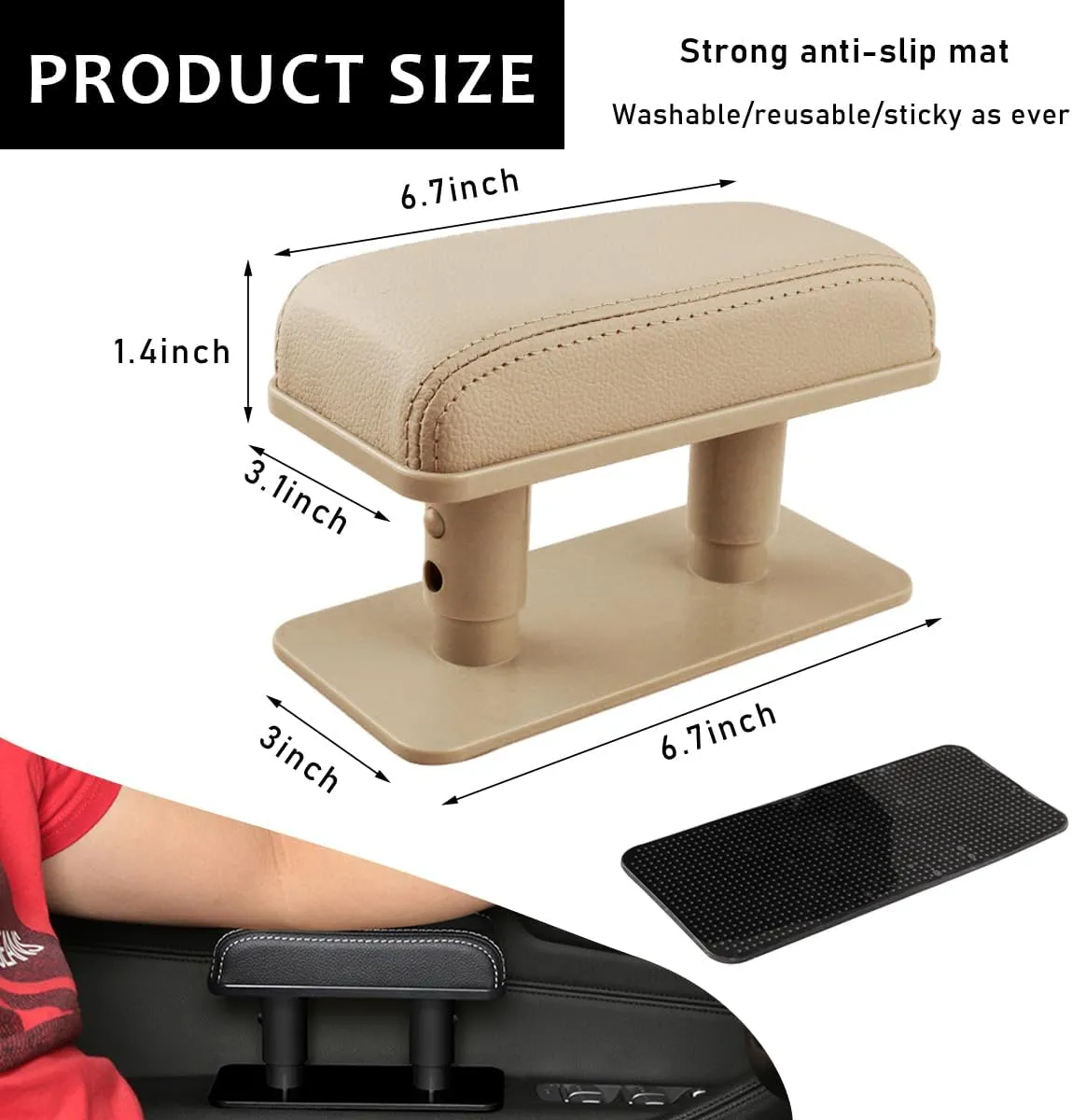 Car Armrest Pad, Left Elbow Support Adjustable Height Central Arm Rest Pads, General Leather Booster Pillow Extender Relieve Driver's Arm Fatigue, Car Accessories (Beige)