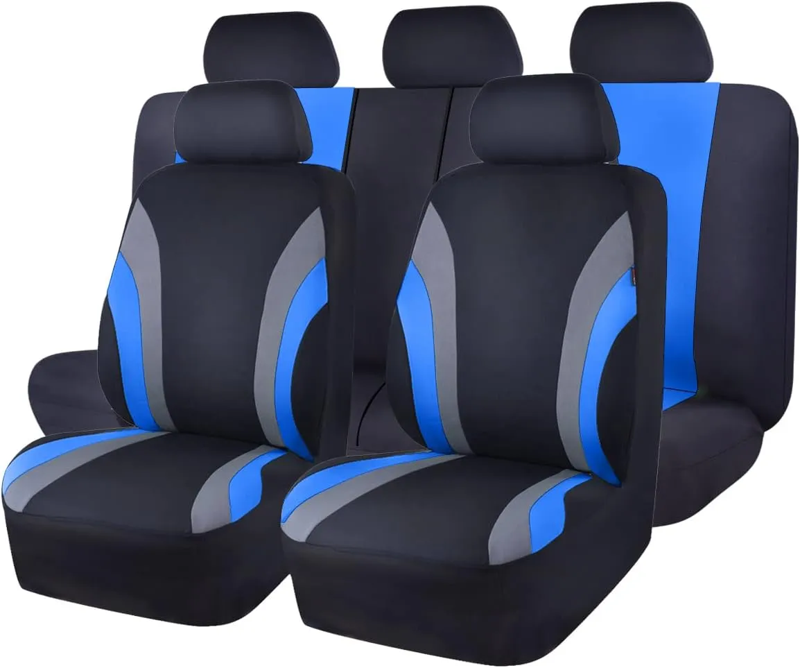 CAR PASS Line Rider Sporty Cloth 11PCS Universal Fit Car Seat Cover -100% Breathable with 5mm Composite Sponge Inside,Airbag Compatible,3zipper Bench(Full Set, Black and Blue)