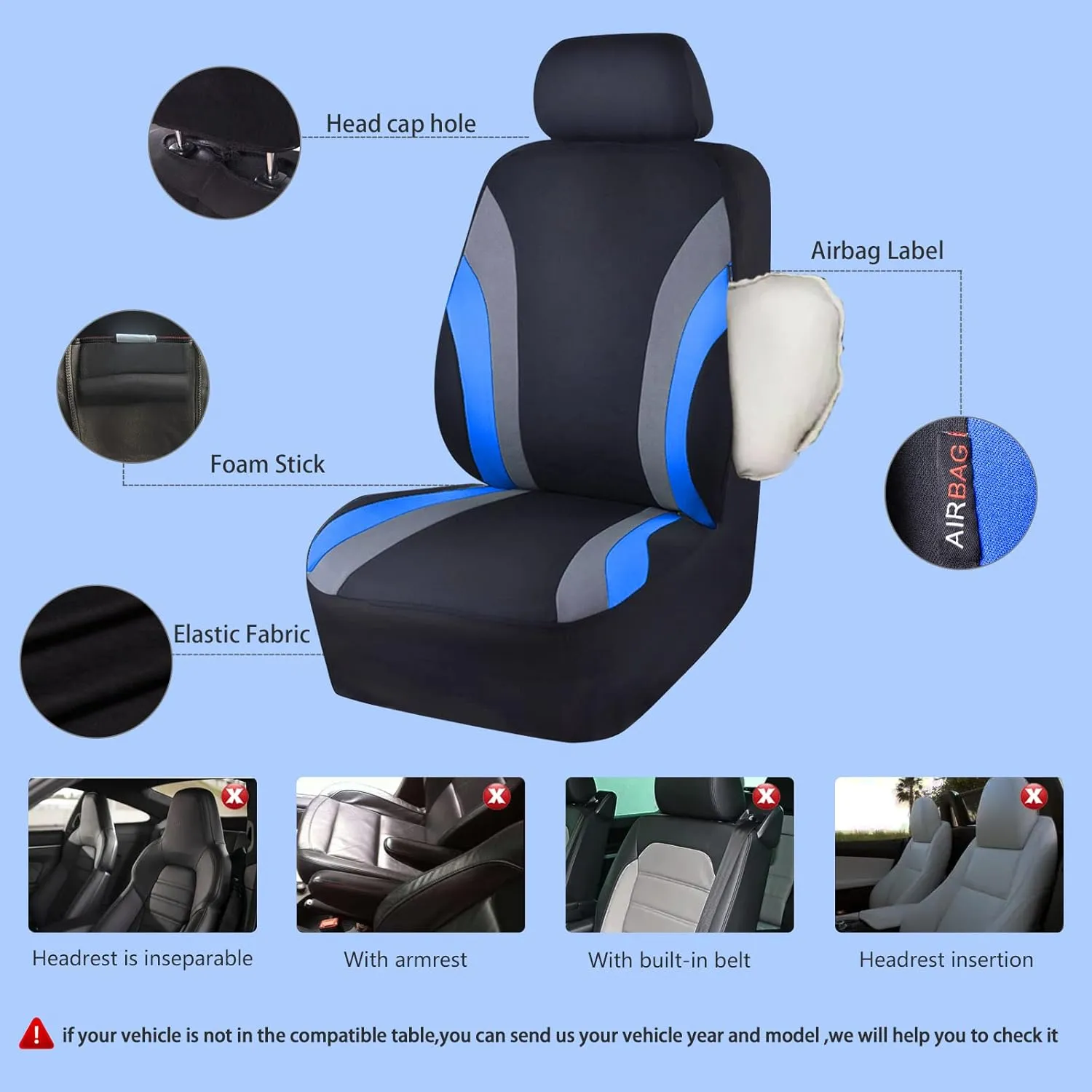 CAR PASS Line Rider Sporty Cloth 11PCS Universal Fit Car Seat Cover -100% Breathable with 5mm Composite Sponge Inside,Airbag Compatible,3zipper Bench(Full Set, Black and Blue)