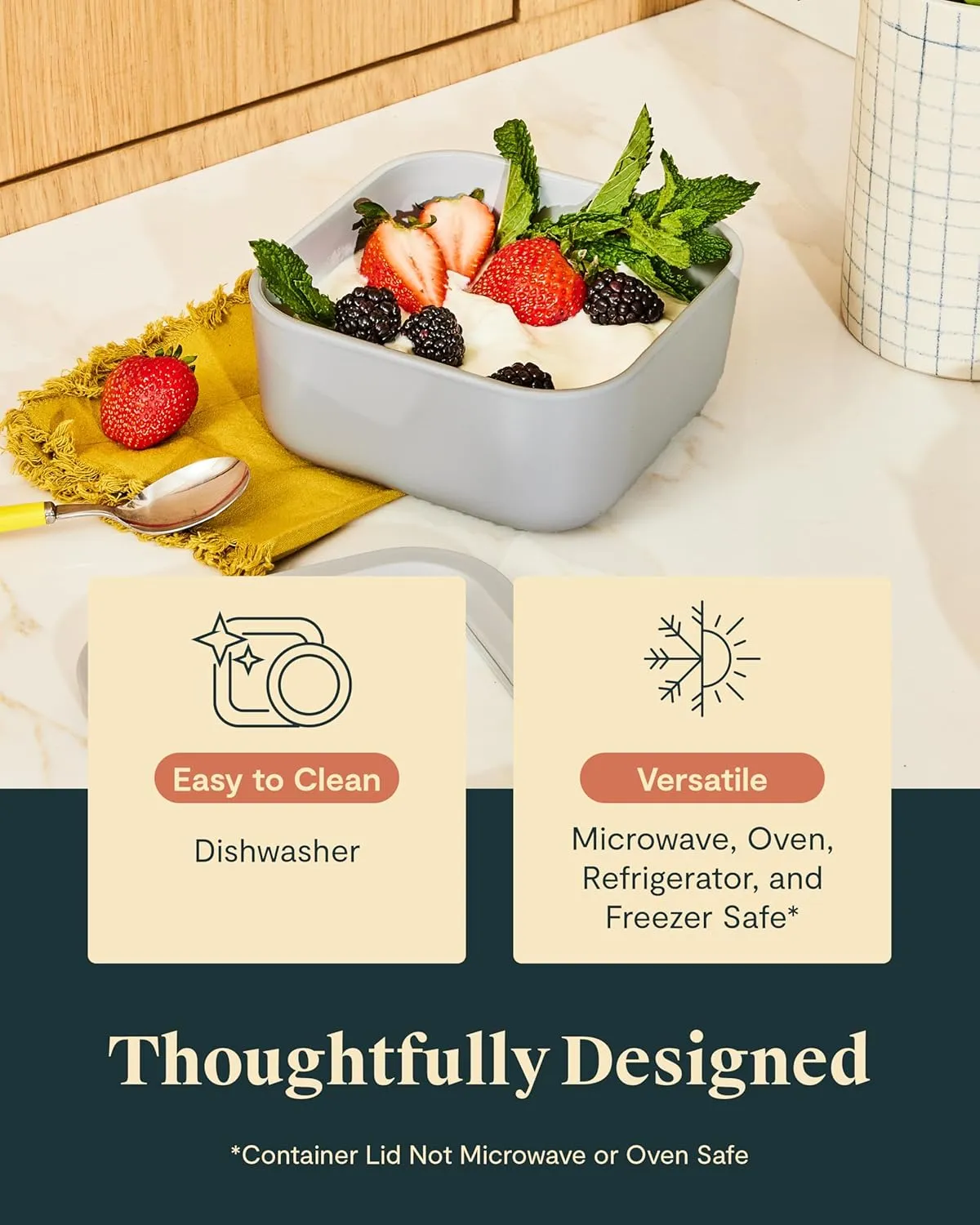 Caraway Glass Food Storage, 4.4 Cup Glass Container - Ceramic Coated - Easy to Store, Non Toxic, Non Stick Lunch Box Container with Glass Lids. Dishwasher, Oven, & Microwave Safe - Mist