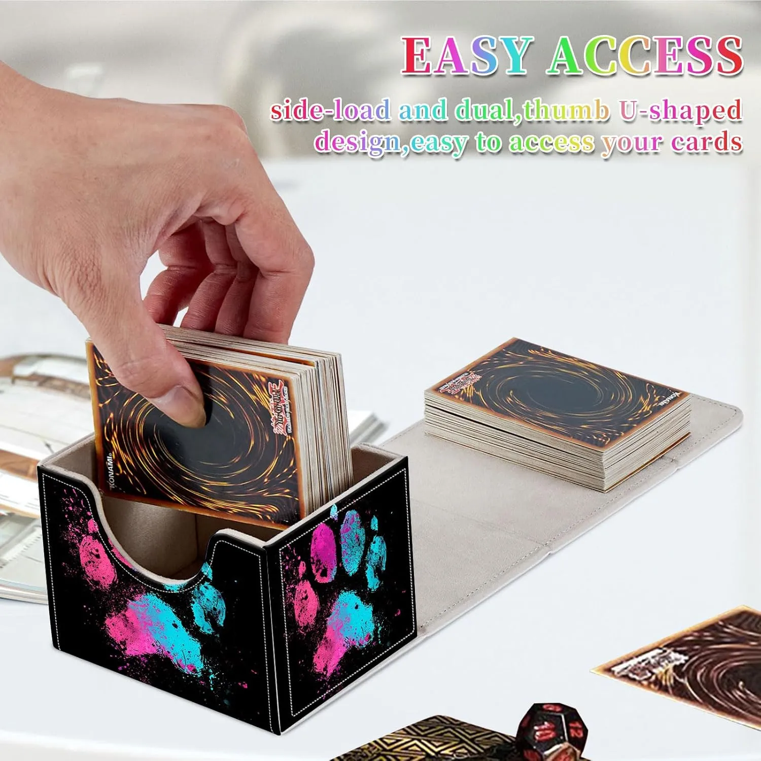Card Deck Box for MTG, Fits 100  Single Sleeved Cards, PU Leather Trading Card Storage Box for TCG, CCG, MTG Cards, Strong Magnet Magic Gathering Deck Box, Colorful Dog'S Paw