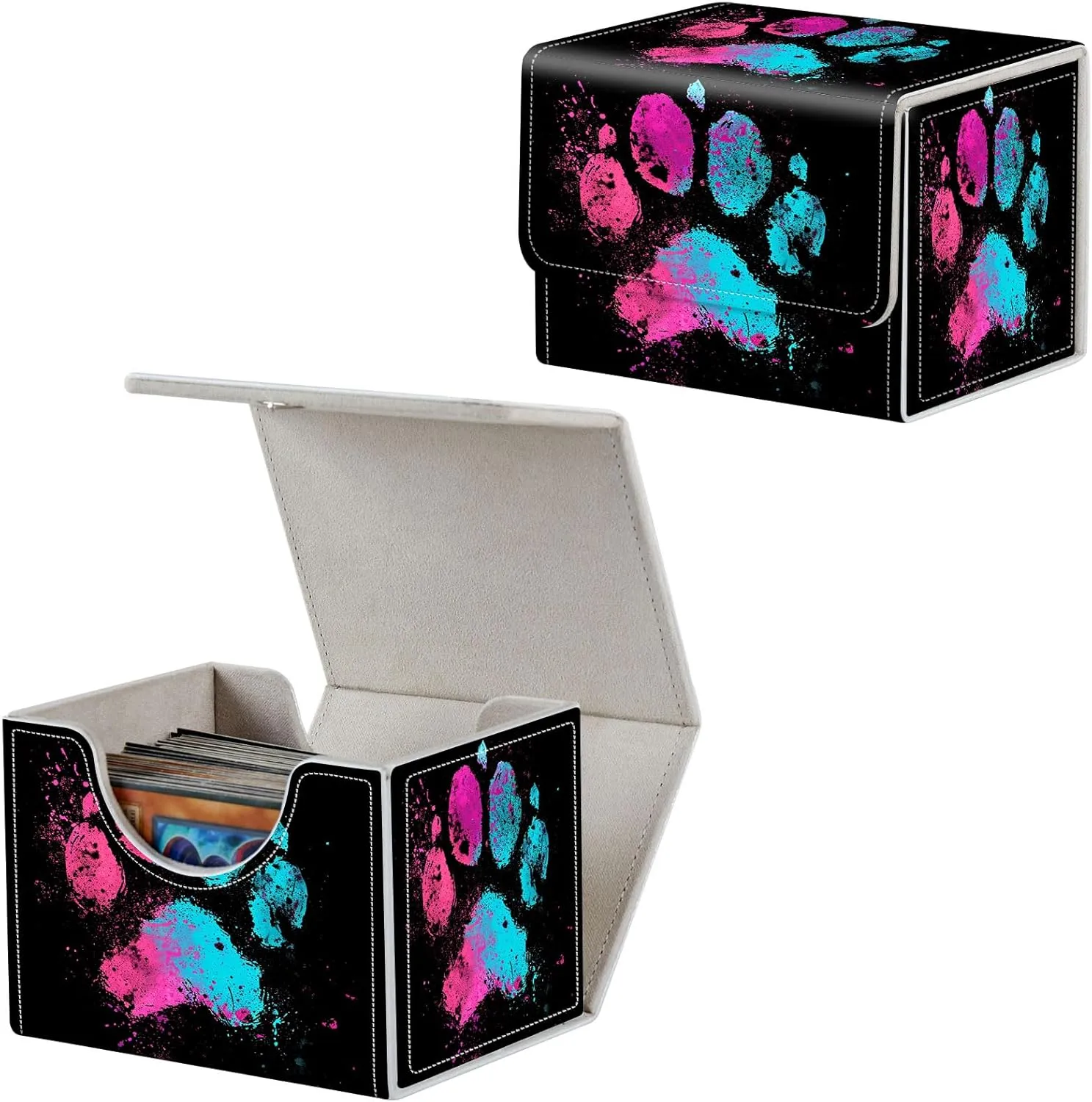 Card Deck Box for MTG, Fits 100  Single Sleeved Cards, PU Leather Trading Card Storage Box for TCG, CCG, MTG Cards, Strong Magnet Magic Gathering Deck Box, Colorful Dog'S Paw