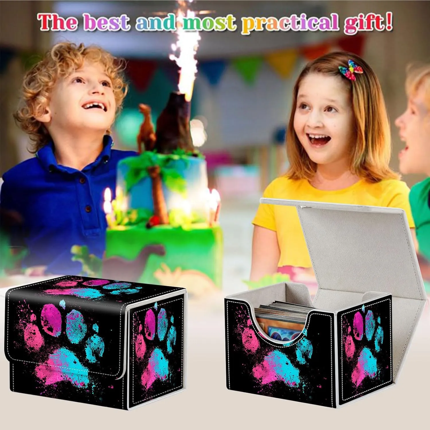 Card Deck Box for MTG, Fits 100  Single Sleeved Cards, PU Leather Trading Card Storage Box for TCG, CCG, MTG Cards, Strong Magnet Magic Gathering Deck Box, Colorful Dog'S Paw