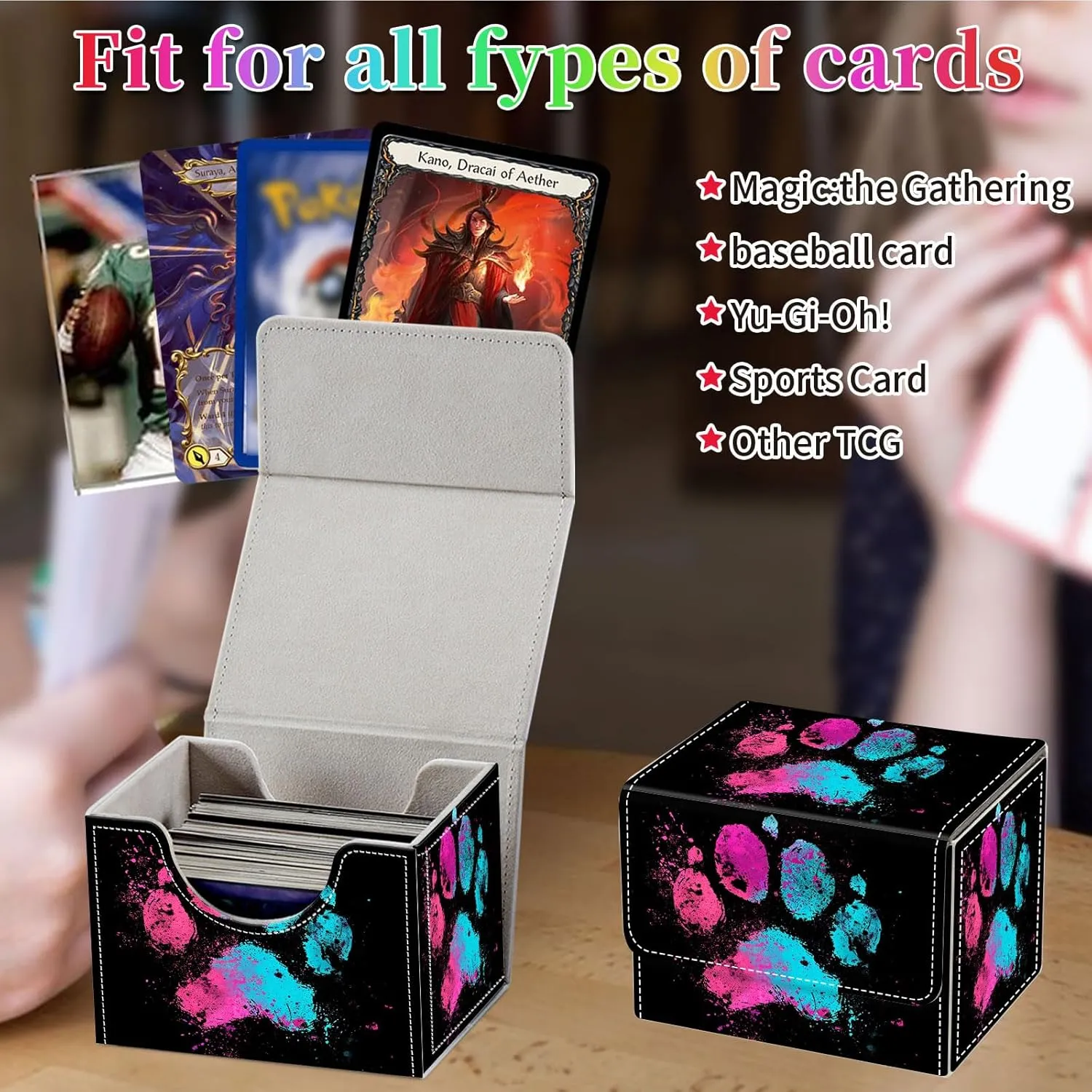 Card Deck Box for MTG, Fits 100  Single Sleeved Cards, PU Leather Trading Card Storage Box for TCG, CCG, MTG Cards, Strong Magnet Magic Gathering Deck Box, Colorful Dog'S Paw
